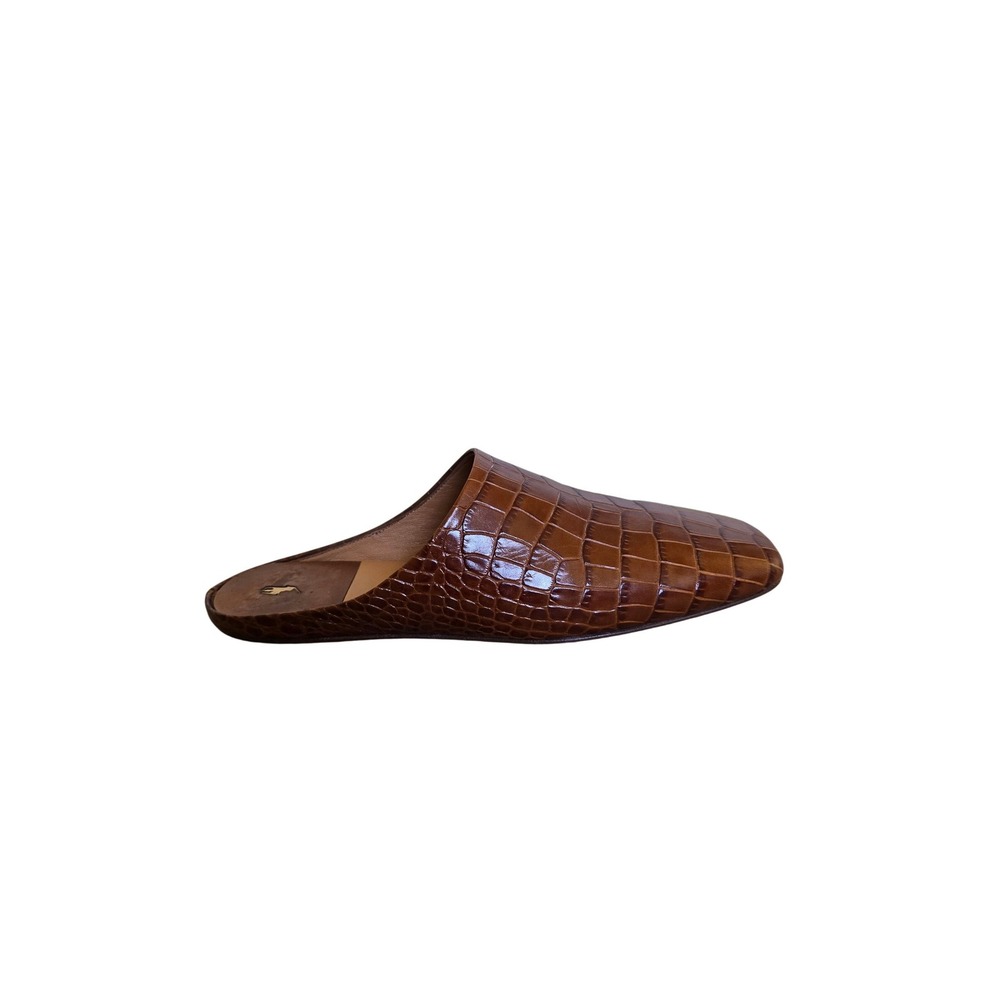 Polo Ralph Lauren Brown Croc Embossed Leather Mules Square Toe Flats Size 7.5